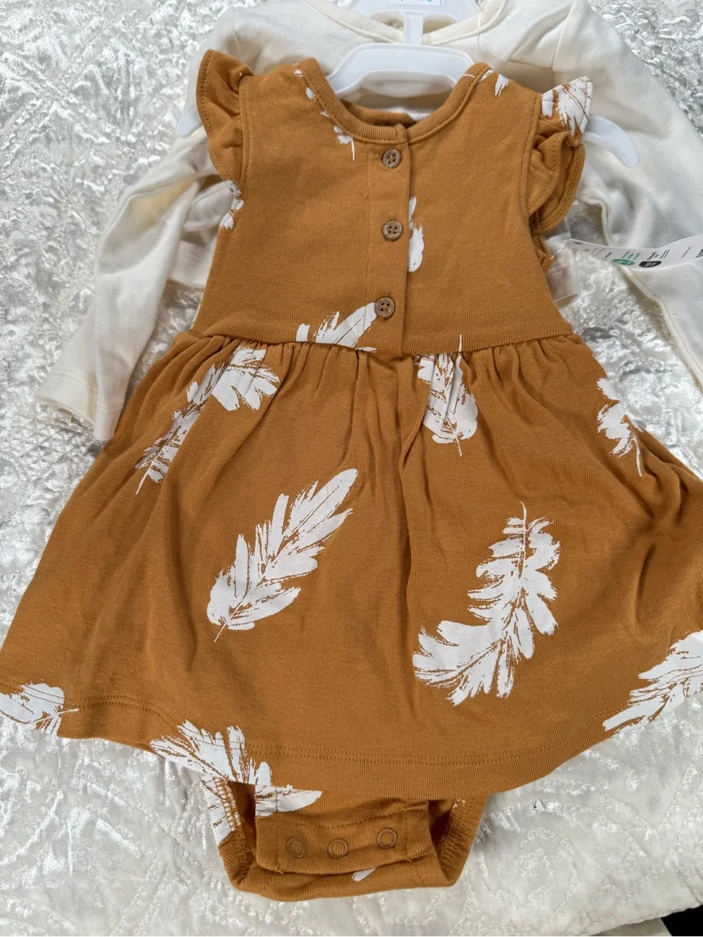 NWT Carters Cream & Mustard Feather Dress Set - 
